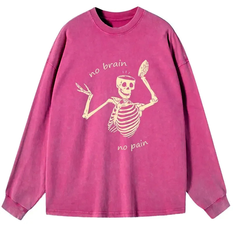 Kyoto-Lion Skeletons Feel No Pain Washed Long Sleeve T-Shirt