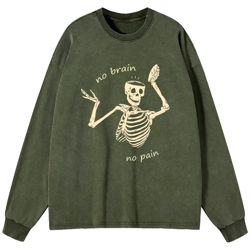 Kyoto-Lion Skeletons Feel No Pain Washed Long Sleeve T-Shirt