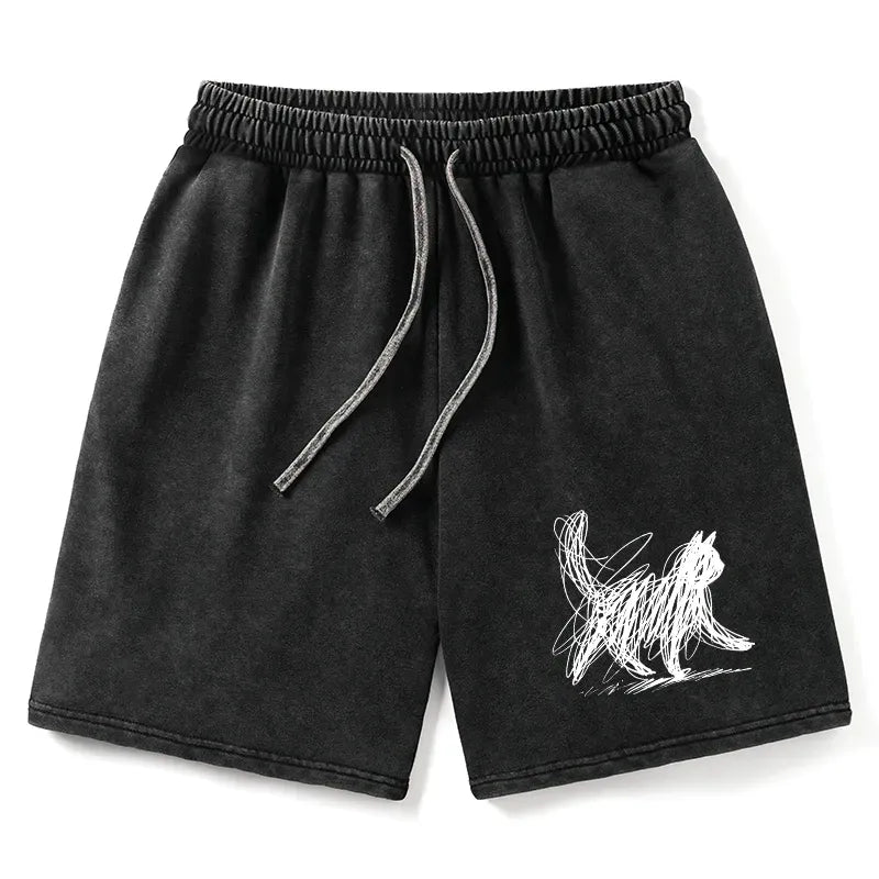 Kyoto-Lion Minimalist Cat Art Washed Shorts