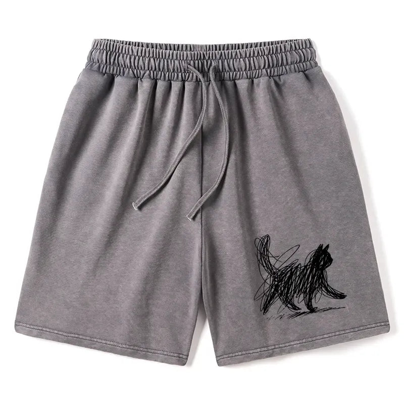 Kyoto-Lion Minimalist Cat Art Washed Shorts
