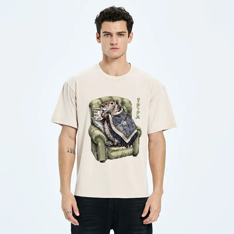 Kyoto-Lion Relax Capybara Cozy Sofa Warm Blanket Washed T-Shirt