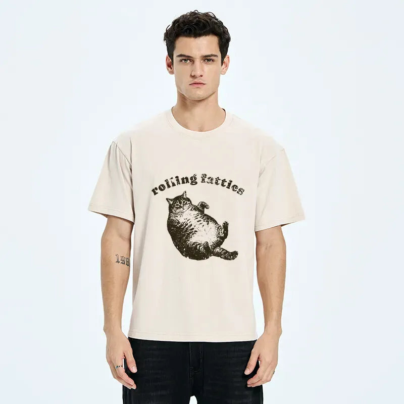 Washed retro cat tee for daily wear