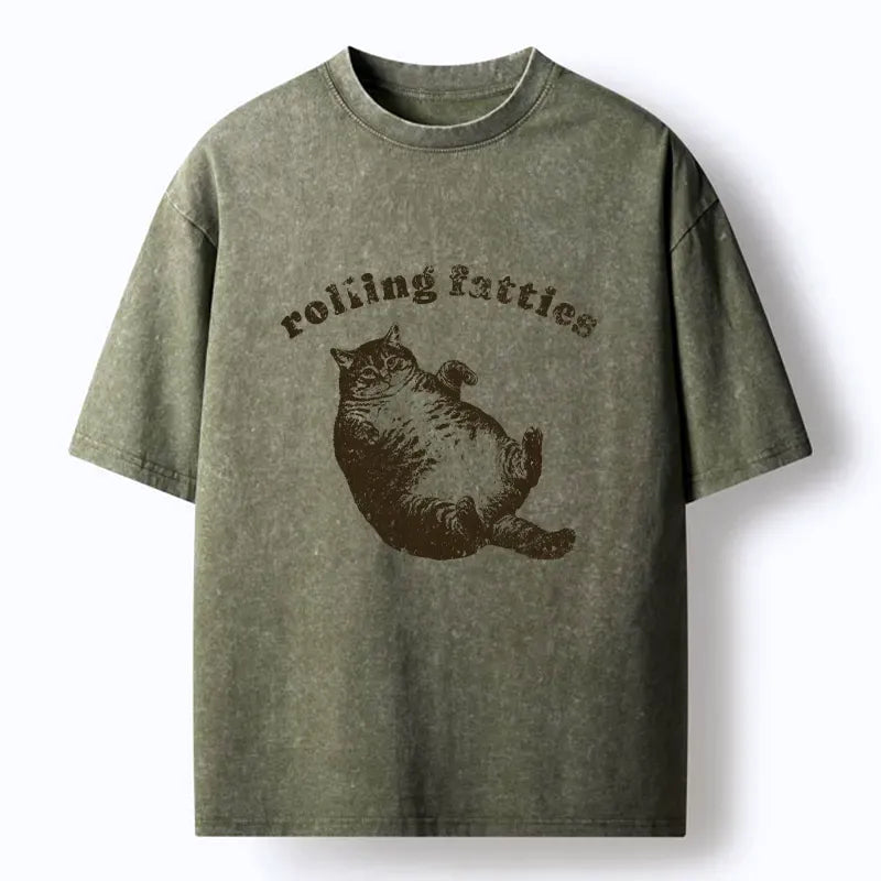 Washed retro cat tee for daily wear