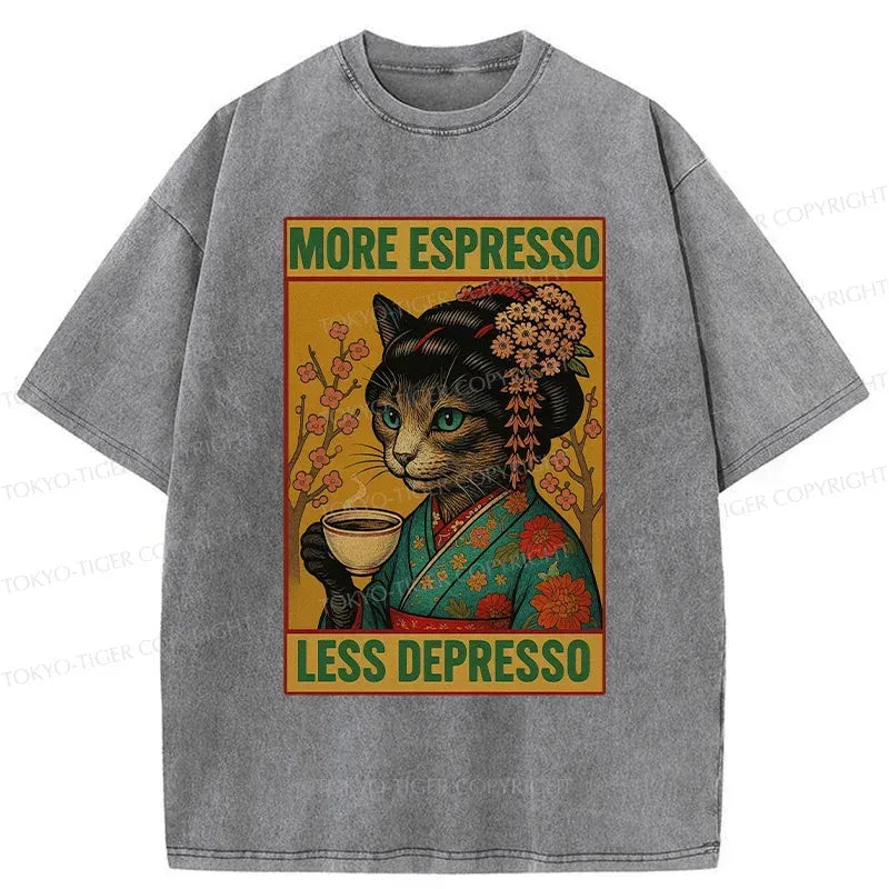 Kyoto-Lion Geisha Cat Drinking Coffee Washed T-Shirt