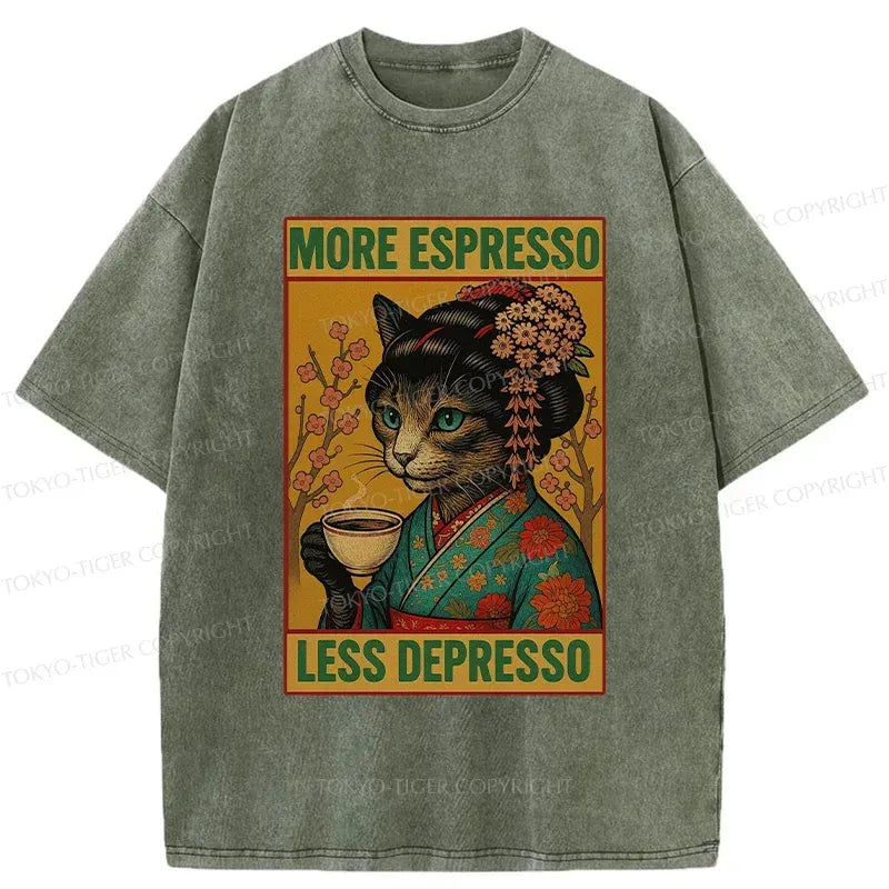 Kyoto-Lion Geisha Cat Drinking Coffee Washed T-Shirt
