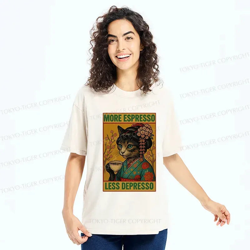 Kyoto-Lion Geisha Cat Drinking Coffee Washed T-Shirt