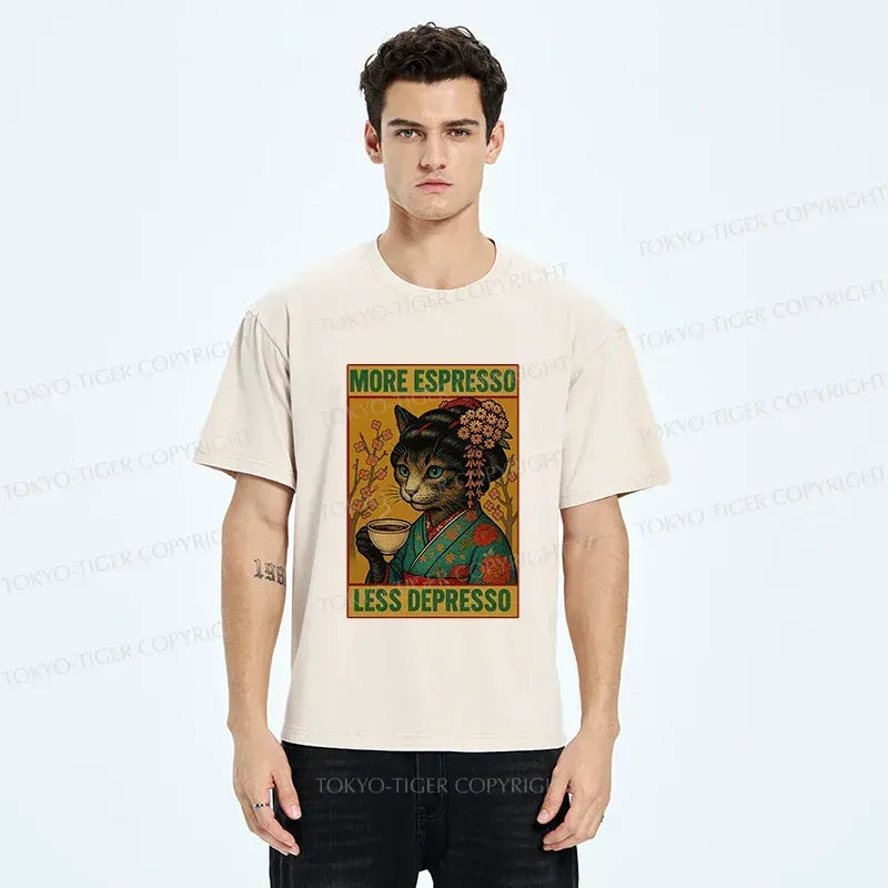 Kyoto-Lion Geisha Cat Drinking Coffee Washed T-Shirt