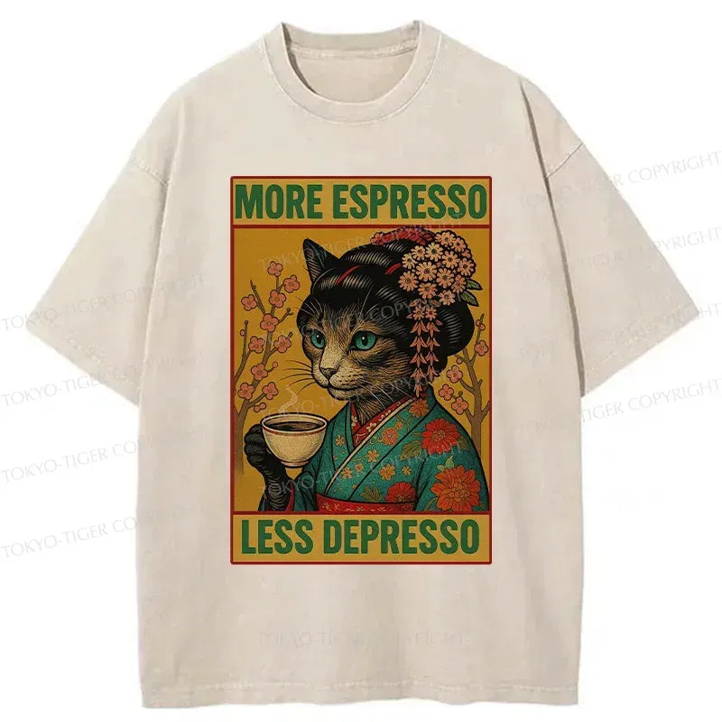 Kyoto-Lion Geisha Cat Drinking Coffee Washed T-Shirt