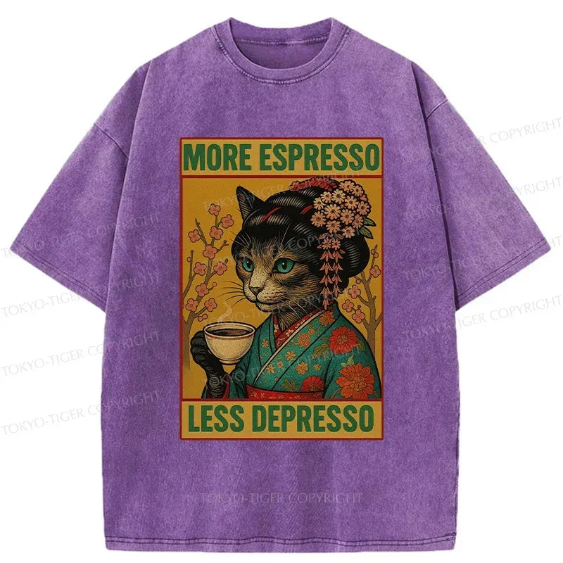 Kyoto-Lion Geisha Cat Drinking Coffee Washed T-Shirt