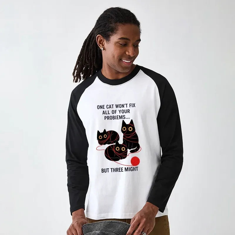 Kyoto-Lion Three Cats Fix All Problems Raglan Long Sleeve T-shirt