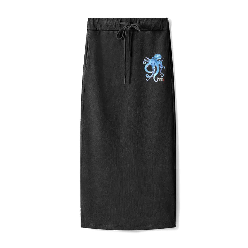 Kyoto-Lion Watercolor Blue Octopus Washed Terry Skirt