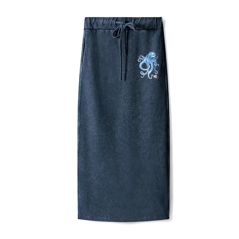 Kyoto-Lion Watercolor Blue Octopus Washed Terry Skirt