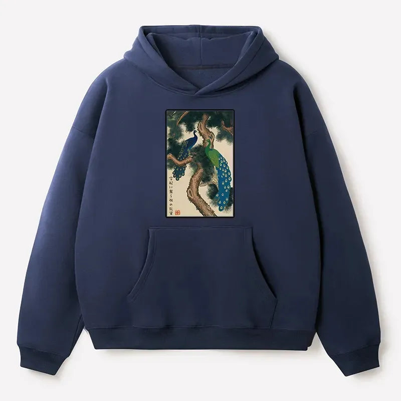 Kyoto-Lion Peacocks in Snowy Pines Adult Fleece Hoodie