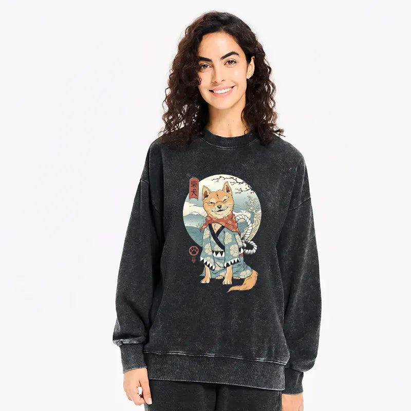 Kyoto-Lion Samurai Shiba Dog Japanese Washed Sweatshirt
