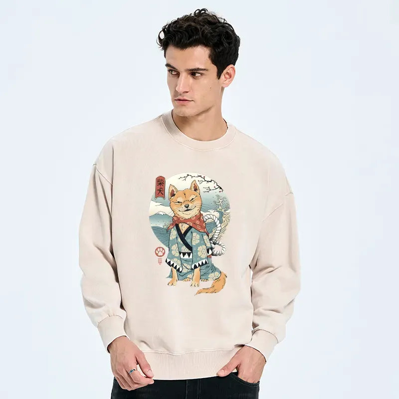 Kyoto-Lion Samurai Shiba Dog Japanese Washed Sweatshirt