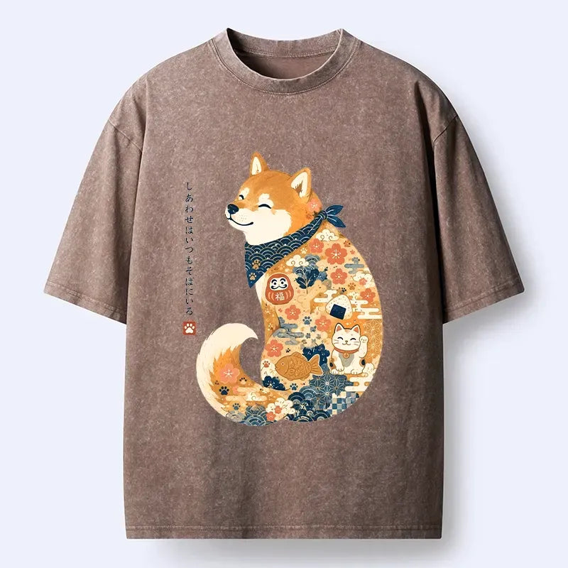 Kyoto-Lion Cute Shiba Inu Wearing Traditional Kimono Washed T-Shirt