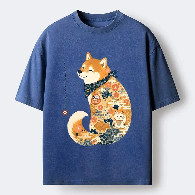 Kyoto-Lion Cute Shiba Inu Wearing Traditional Kimono Washed T-Shirt