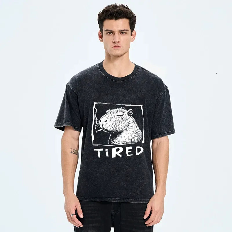 Kyoto-Lion Tired Life Funny Capybara Art Washed T-Shirt