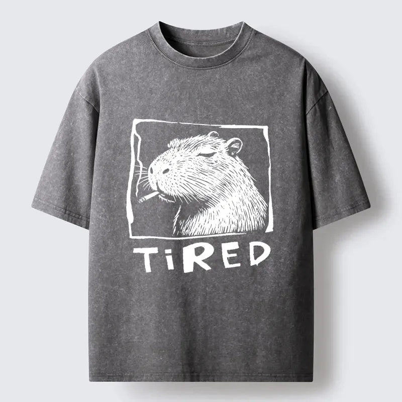 Kyoto-Lion Tired Life Funny Capybara Art Washed T-Shirt