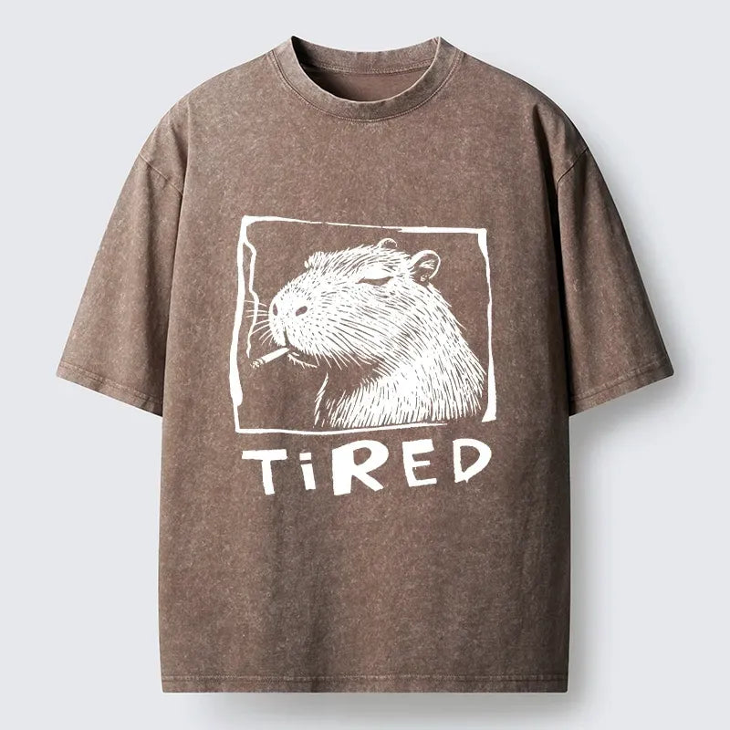 Kyoto-Lion Tired Life Funny Capybara Art Washed T-Shirt