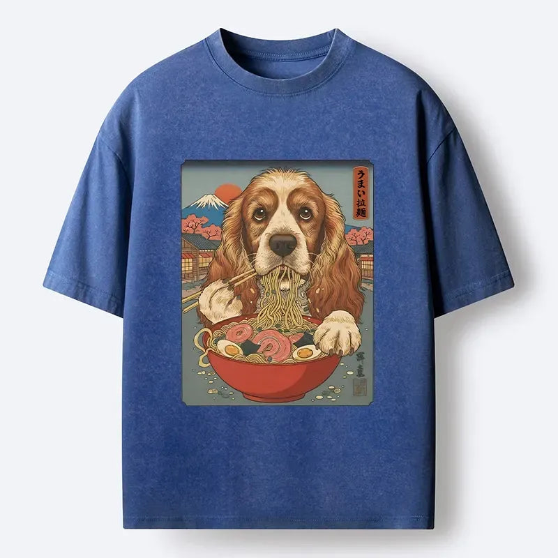 Kyoto-Lion Dog Slurping Ramen In Japanese Style Washed T-Shirt