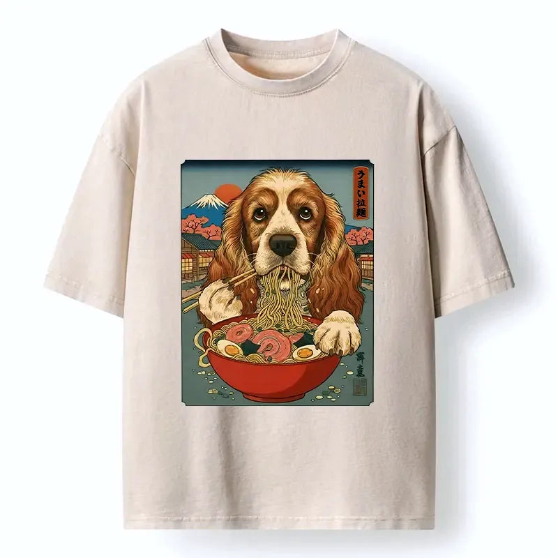 Kyoto-Lion Dog Slurping Ramen In Japanese Style Washed T-Shirt