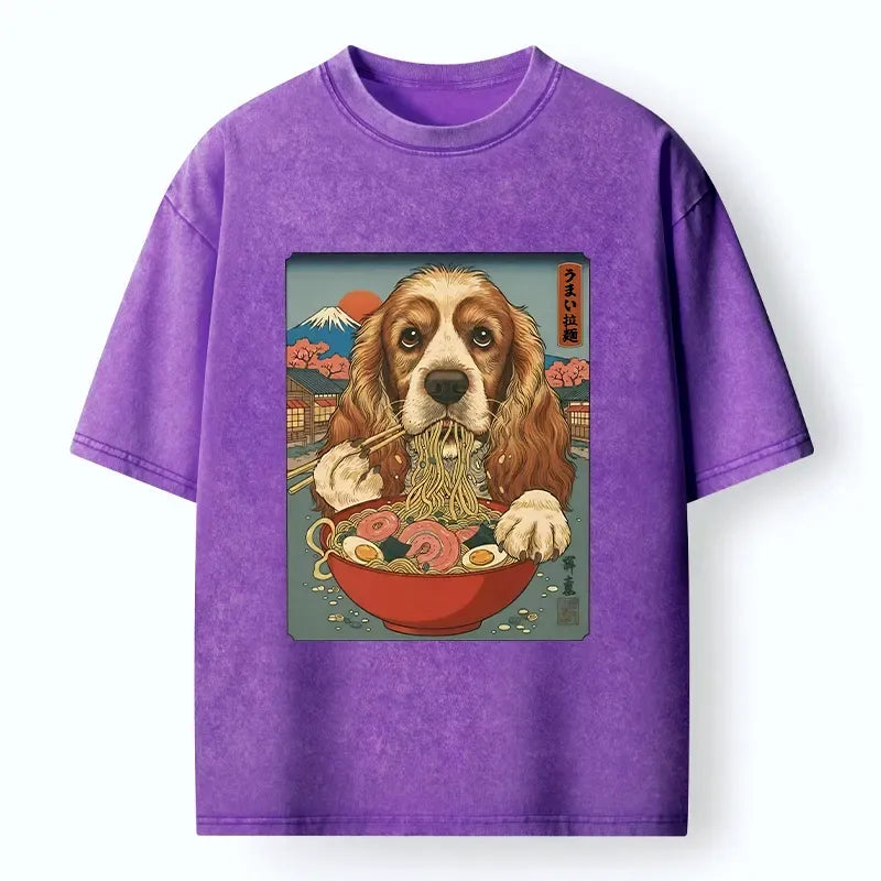 Kyoto-Lion Dog Slurping Ramen In Japanese Style Washed T-Shirt