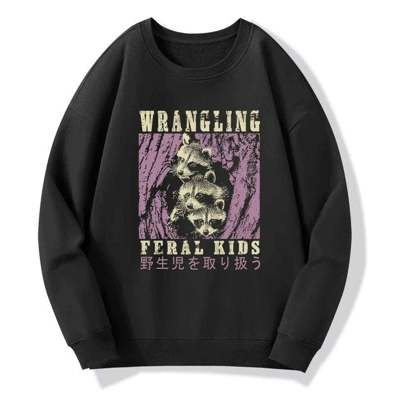 Kyoto-Lion Wrangling Feral Raccoon Kids Sweatshirt