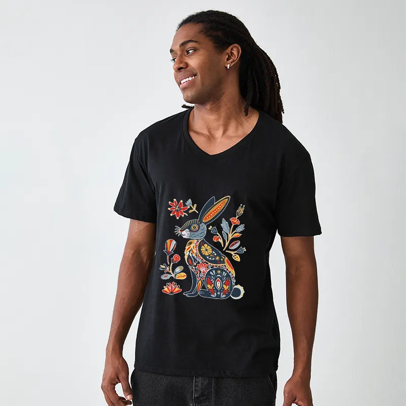 Kyoto-Lion Folk Hare Bloom V-Neck Classic T-Shirt