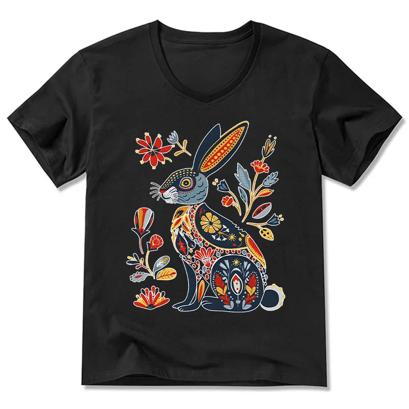 Kyoto-Lion Folk Hare Bloom V-Neck Classic T-Shirt