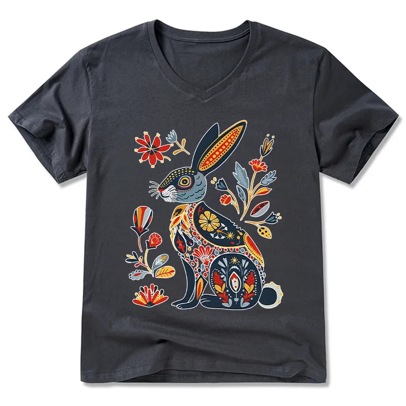Kyoto-Lion Folk Hare Bloom V-Neck Classic T-Shirt