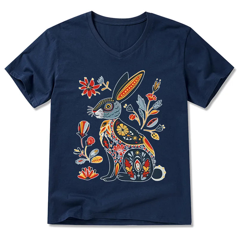Kyoto-Lion Folk Hare Bloom V-Neck Classic T-Shirt