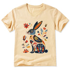 Kyoto-Lion Folk Hare Bloom V-Neck Classic T-Shirt