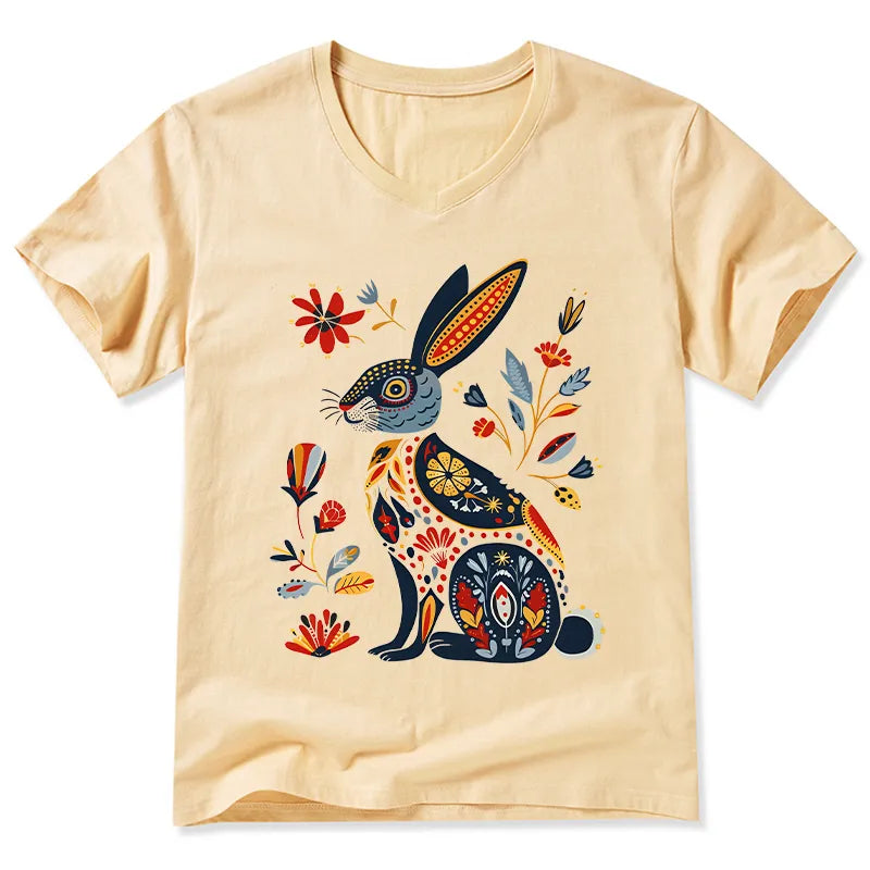 Kyoto-Lion Folk Hare Bloom V-Neck Classic T-Shirt