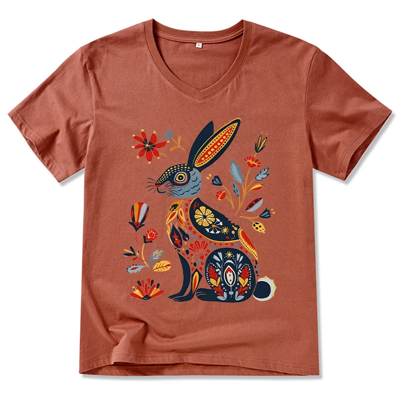 Kyoto-Lion Folk Hare Bloom V-Neck Classic T-Shirt