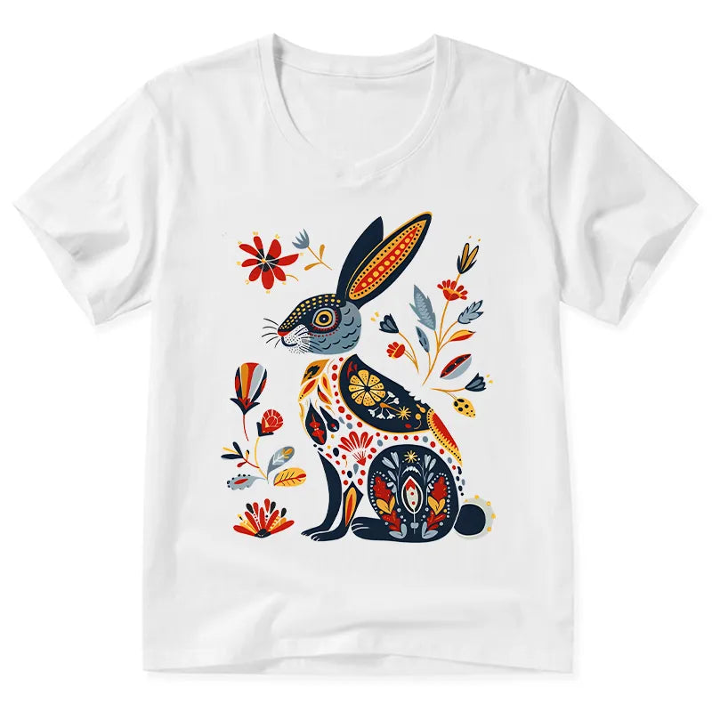Kyoto-Lion Folk Hare Bloom V-Neck Classic T-Shirt