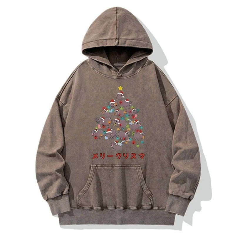 Kyoto-Lion Moo Deng Christmas Tree Japanese Washed Hoodie