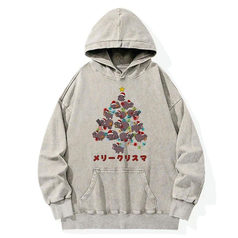 Kyoto-Lion Moo Deng Christmas Tree Japanese Washed Hoodie