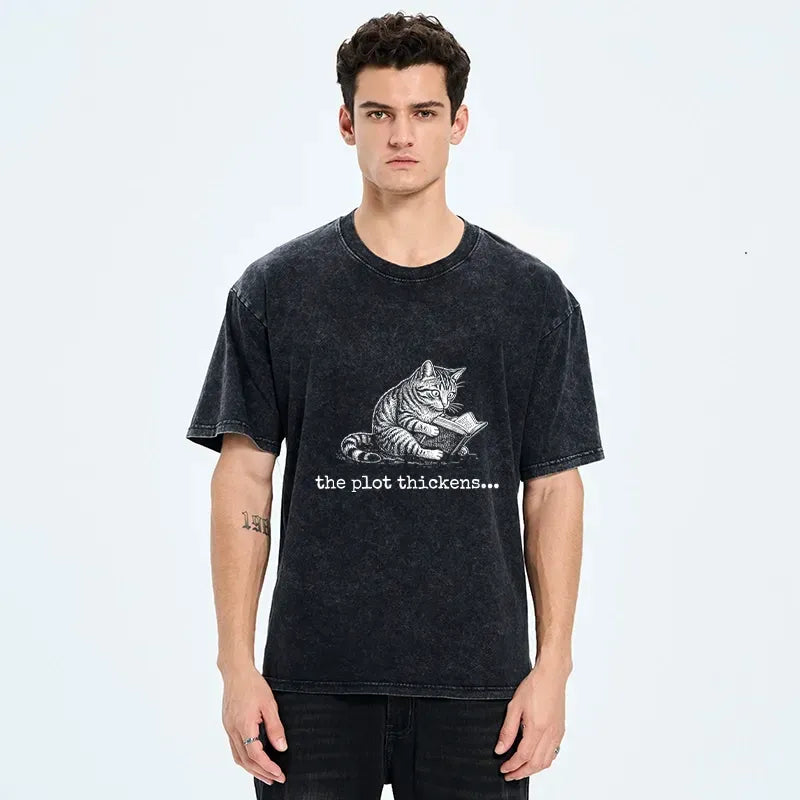 Kyoto-Lion Meme Cat Reading Mystery Book Washed T-Shirt