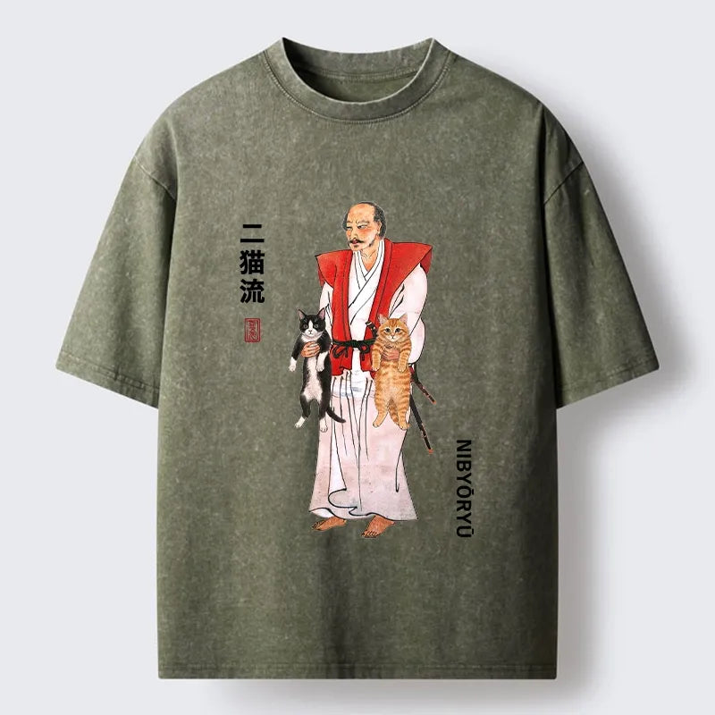 Kyoto-Lion Two Cat Samurai Vibe Washed T-Shirt
