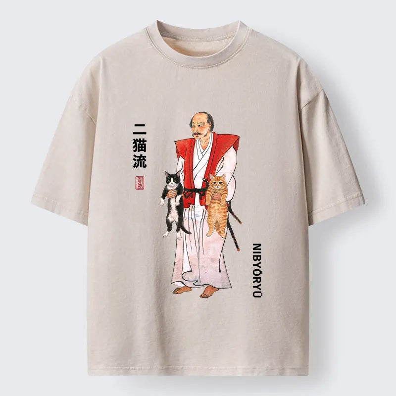 Kyoto-Lion Two Cat Samurai Vibe Washed T-Shirt