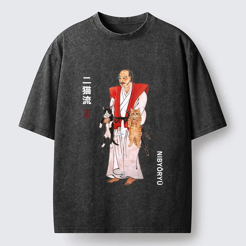 Kyoto-Lion Two Cat Samurai Vibe Washed T-Shirt