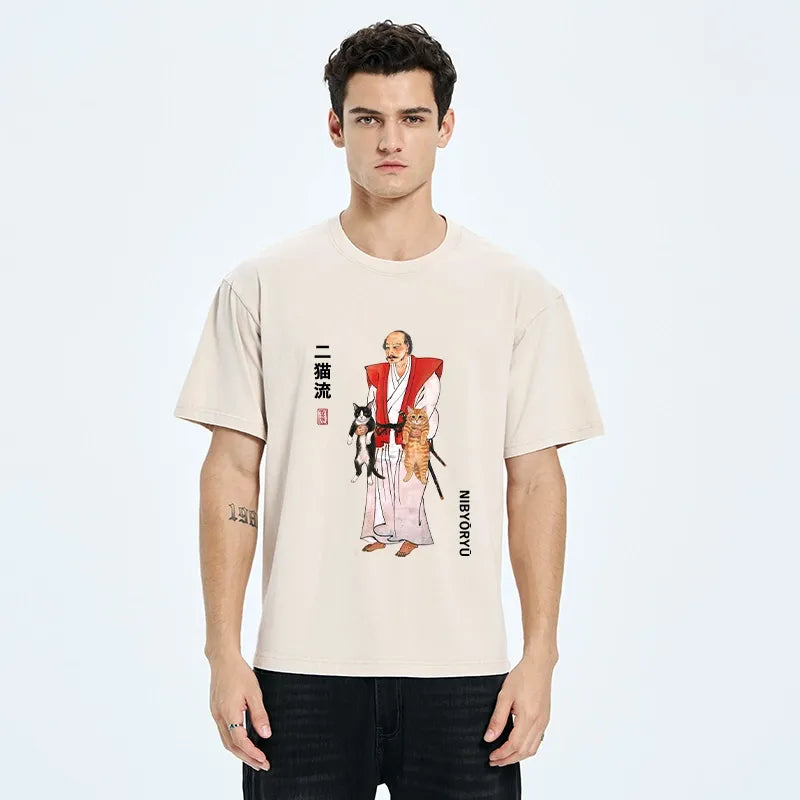 Kyoto-Lion Two Cat Samurai Vibe Washed T-Shirt