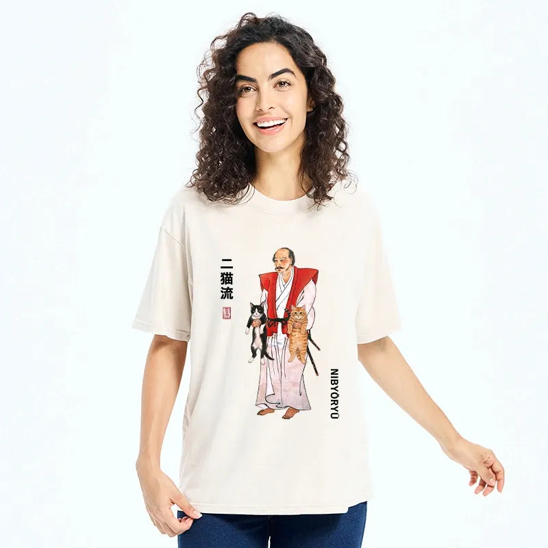 Kyoto-Lion Two Cat Samurai Vibe Washed T-Shirt