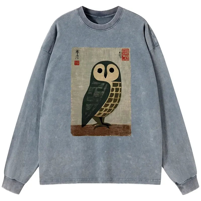 Kyoto-Lion Traditional Owl In Japanese Art Washed Long Sleeve T-Shirt