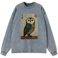 Kyoto-Lion Traditional Owl In Japanese Art Washed Long Sleeve T-Shirt