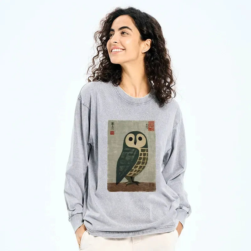 Kyoto-Lion Traditional Owl In Japanese Art Washed Long Sleeve T-Shirt