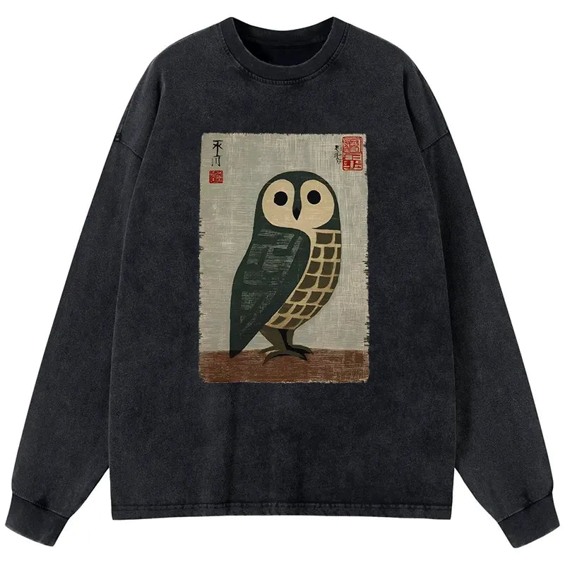 Kyoto-Lion Traditional Owl In Japanese Art Washed Long Sleeve T-Shirt