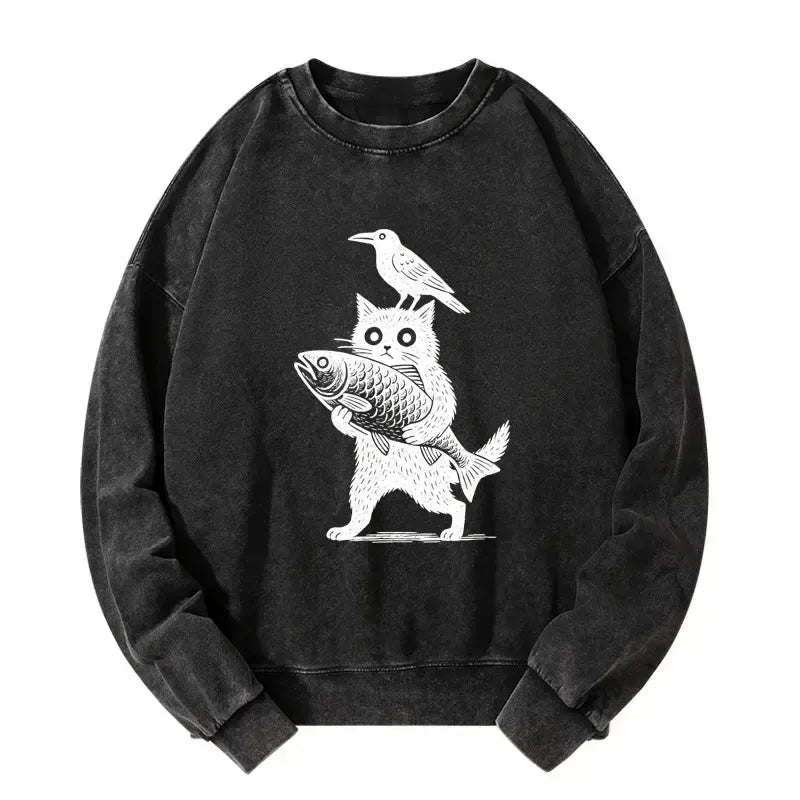 Kyoto-Lion Black Animals Funny Washed Sweatshirt