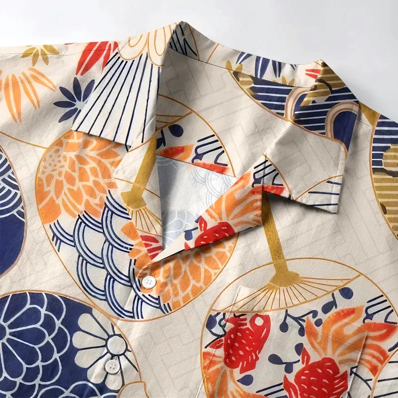 Kyoto-Lion Japanese Uchiwa Flat Fan Aloha Hawaiian Shirt
